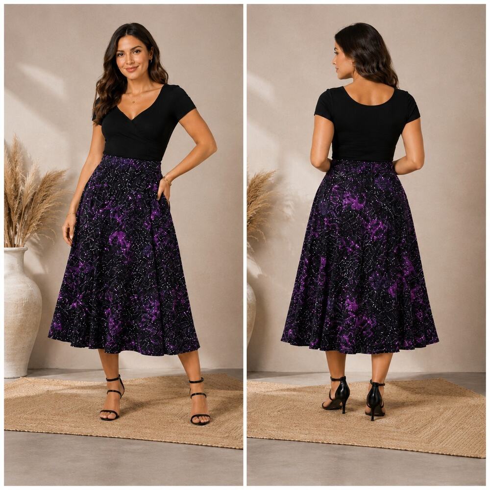 Tulip B Womens Medium NWT Black Purple Galaxy Print A Line Midi Skirt Pockets